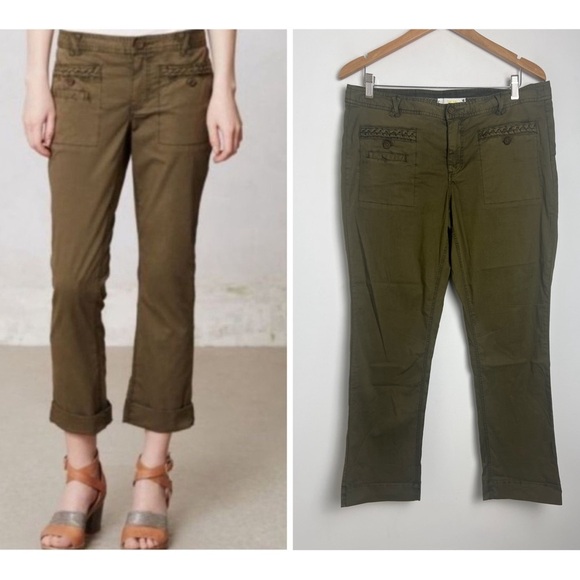 Anthropologie Hei Hei Braided Pocket Cotton Blend Green Chino Pants Sz 12 - Picture 1 of 8